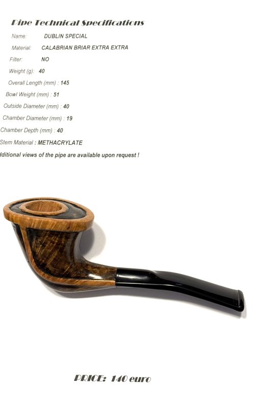 Zdjęcie produktu: fajka "Dublin Special" z kalabryjskiego wrzośca. Ciemna, wygięta główka rozszerza się ku górze, odsłaniając gładki, jasnobrązowy rant. Ustnik jest długi, czarny i wygięty.