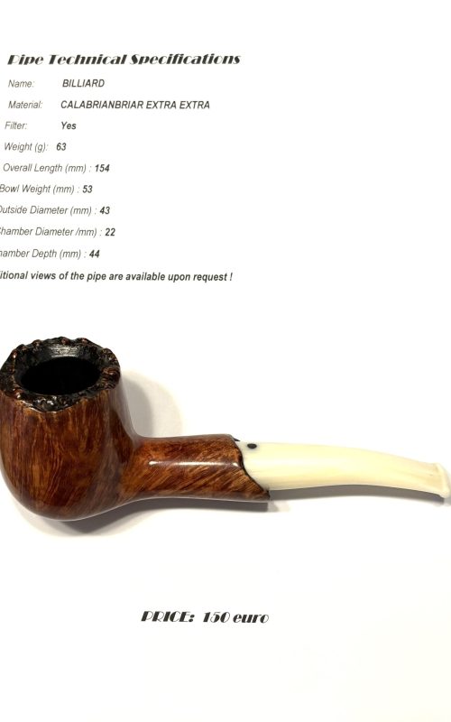Zdjęcie produktu: fajka "Billiard" z kalabryjskiego wrzośca. Gładka, brązowa główka ma ciemną, rustykalną krawędź. Krótki, lekko wygięty ustnik jest w kolorze kości słoniowej.