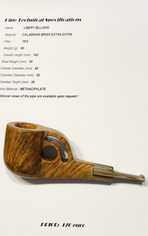 Zdjęcie produktu: fajka "Liberty Billiard" z kalabryjskiego wrzośca. Unikalny design z główką o mocnym usłojeniu drewna i płaskim, składanym ustnikiem, który chowa się wzdłuż trzonka.