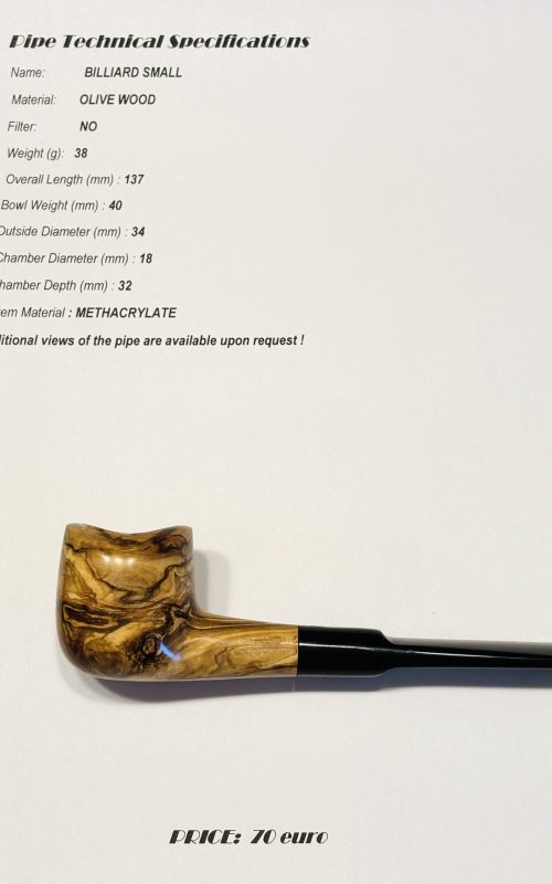 Zdjęcie produktu: fajka "Billiard Small" wykonana z drewna oliwnego. Posiada główkę o klasycznym kształcie z wgłębieniem na szczycie i prosty, czarny ustnik z metacrylates.